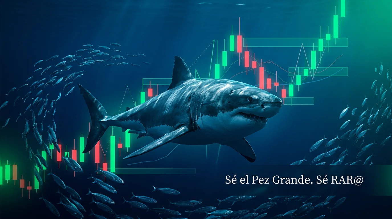 Un tiburón cruza un banco de peces sobre un gráfico de velas: sé el Pez Grande, sé RAR@.