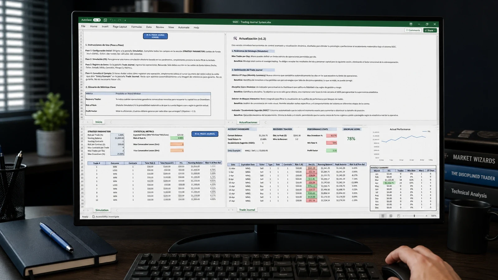 Monitor con las cuatro hojas del workbook SGEC abiertas: Inicio, Actualizaciones, Simulation y Trade Journal con datos demostrativos.