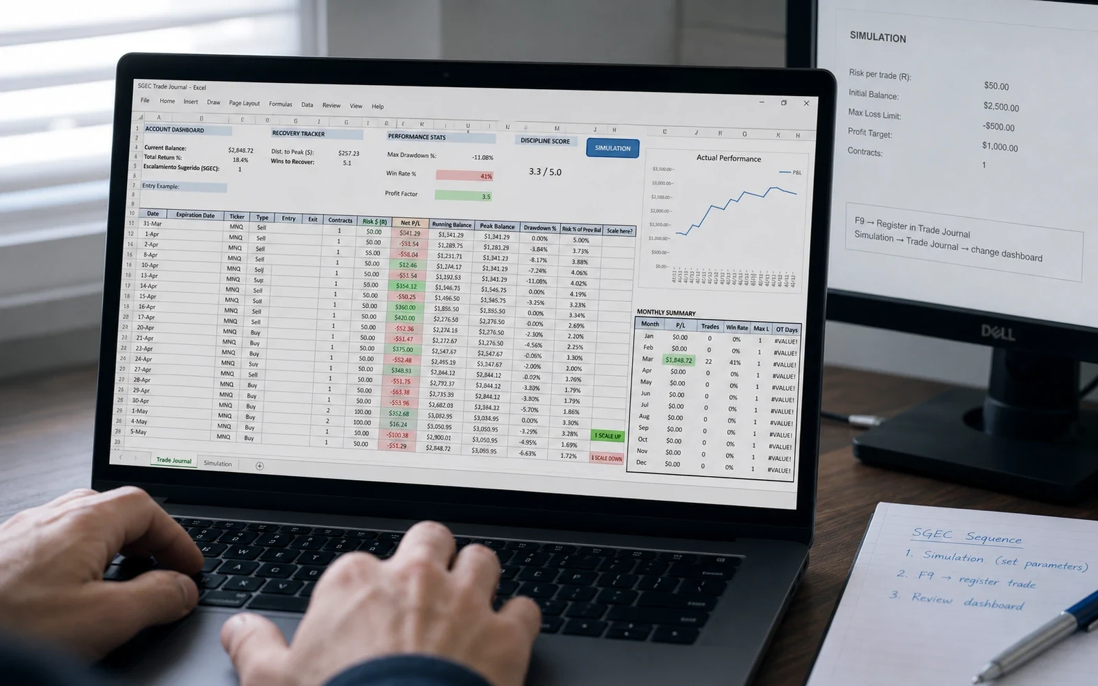 Operador revisando el Trade Journal del SGEC en Excel, con el dashboard poblado, la hoja Simulation en una segunda pantalla y una secuencia de trabajo anotada en papel.